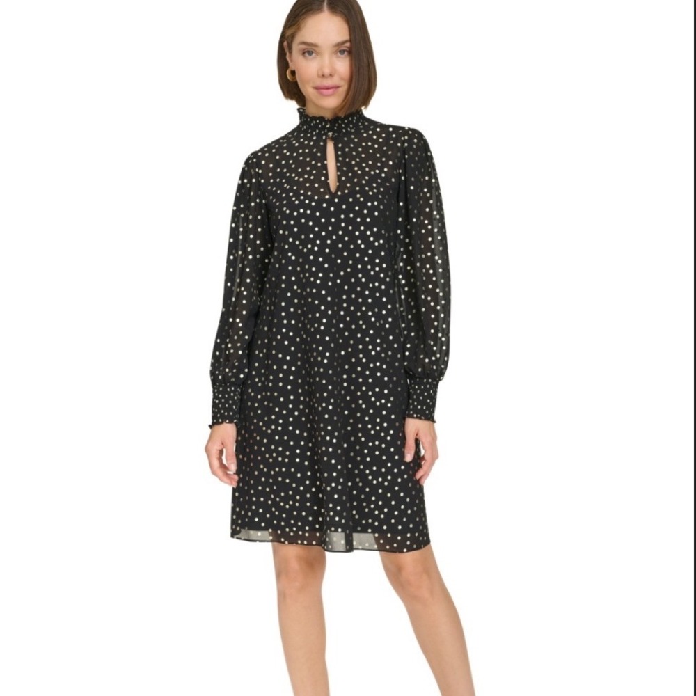 Tommy Hilfiger Polka Dot Dress Women 4 NEW Gold Metallic Mock Neck MSRP $139
